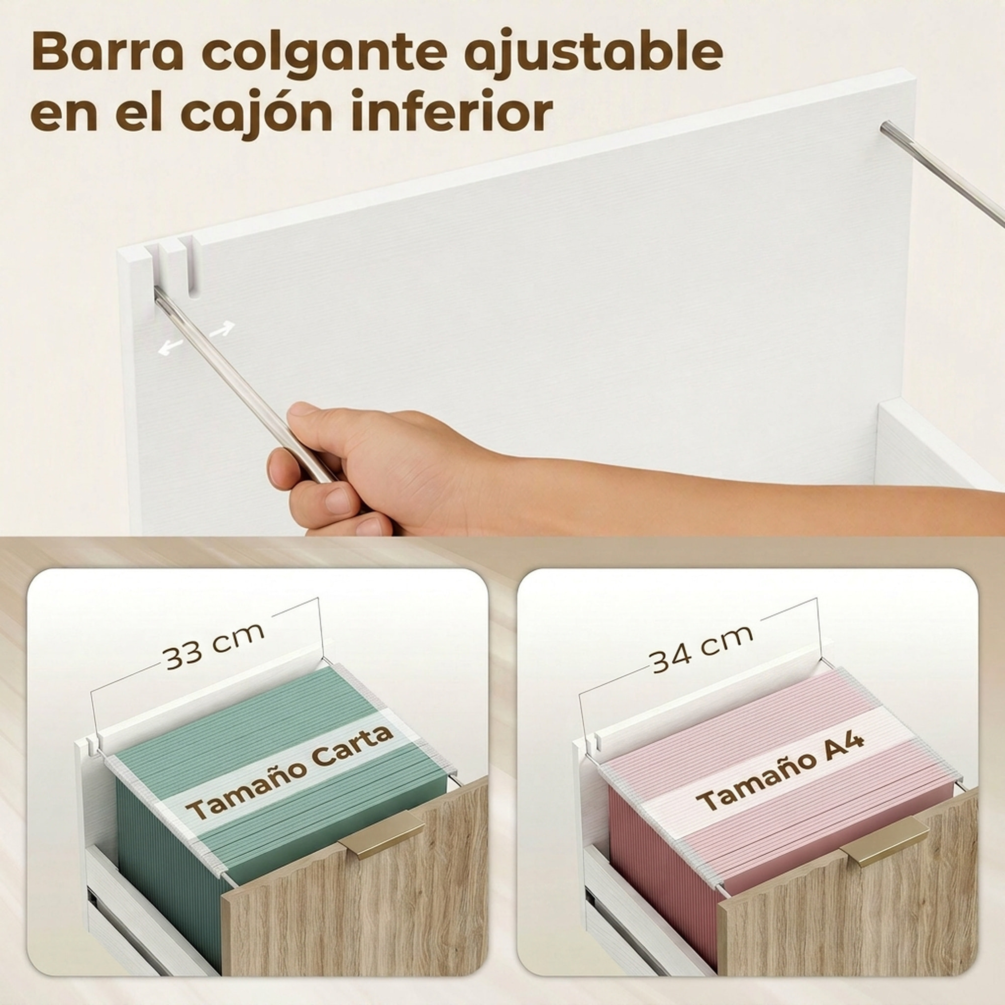 Mueble para Impresora con Ruedas, Mesa para Impresora con 3 Cajones, Barra Ajustable, 2 Estantes Abiertos para Documentos Tamaño A4, Carta, Archivador Móvil para Oficina en Casa, Blanco y Roble