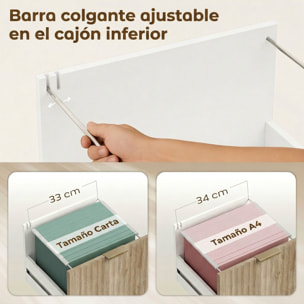 Mueble para Impresora con Ruedas, Mesa para Impresora con 3 Cajones, Barra Ajustable, 2 Estantes Abiertos para Documentos Tamaño A4, Carta, Archivador Móvil para Oficina en Casa, Blanco y Roble