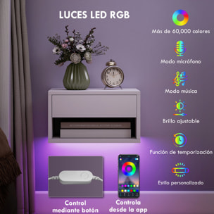 Juego de 2 Mesitas de Noche Flotantes con Luces LED RGB Control de APP, Mesillas de Noche Dormitorio con Cajón, Estante Abierto, para Sala de Estar, 37x32x21 cm, Blanco