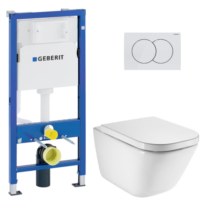 Duofix pack WC bâti-support UP100 + WC suspendu sans bride Roca avec abattant SoftClose + plaque blanche (GEBROGAWR02-FR)