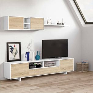 Parete attrezzata Angora, Mobile da soggiorno porta TV, Composizione set salotto, Set salotto con pensile, 260x41h46 cm, Bianco lucido e Rovere