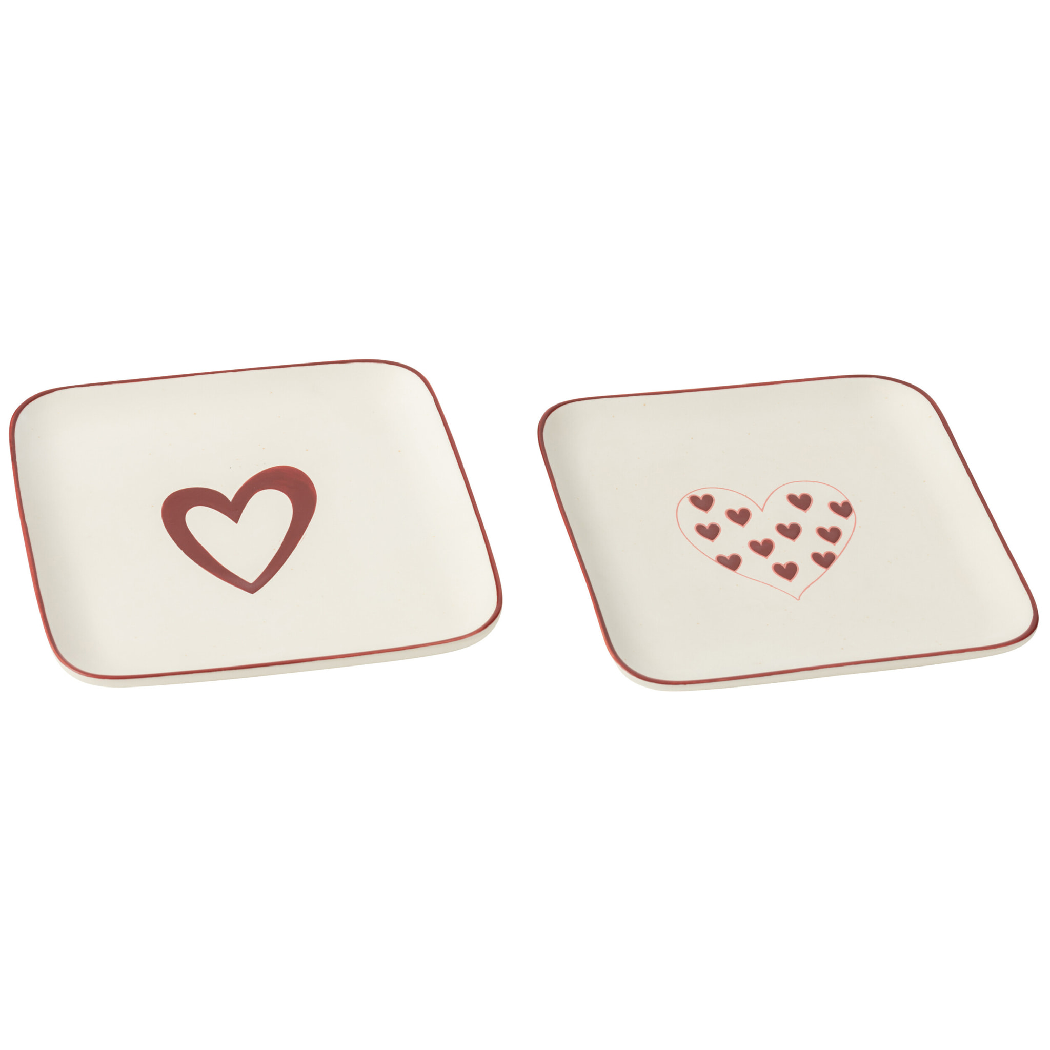 J-Line assiette Cœurs - porcelaine - blanc/rouge - 2 pièces