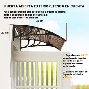 Marquesinas Exterior para Puertas y Ventanas 75x100 cm Tejadillo de Protección contra Sol y Lluvia con Soporte de Aleación de Aluminio Marrón Translúcido