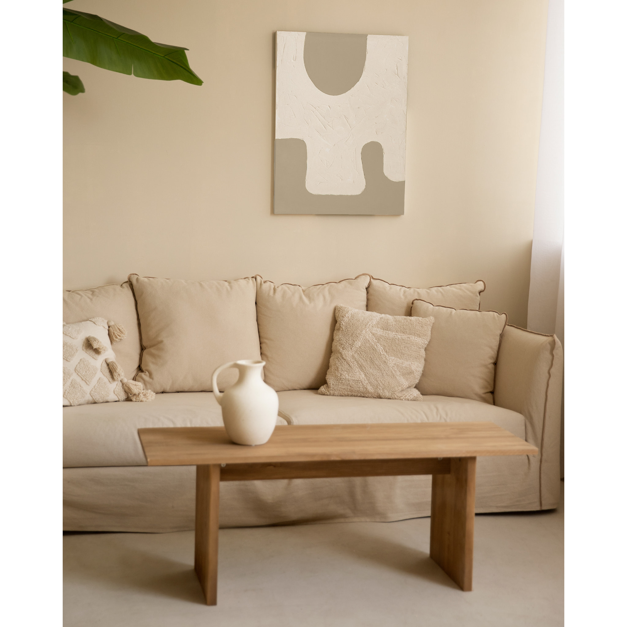 Tableau blanc e beige décoratif sur coton avec cadre en bois peint à la main à la peinture à l'huile en différentes tailles