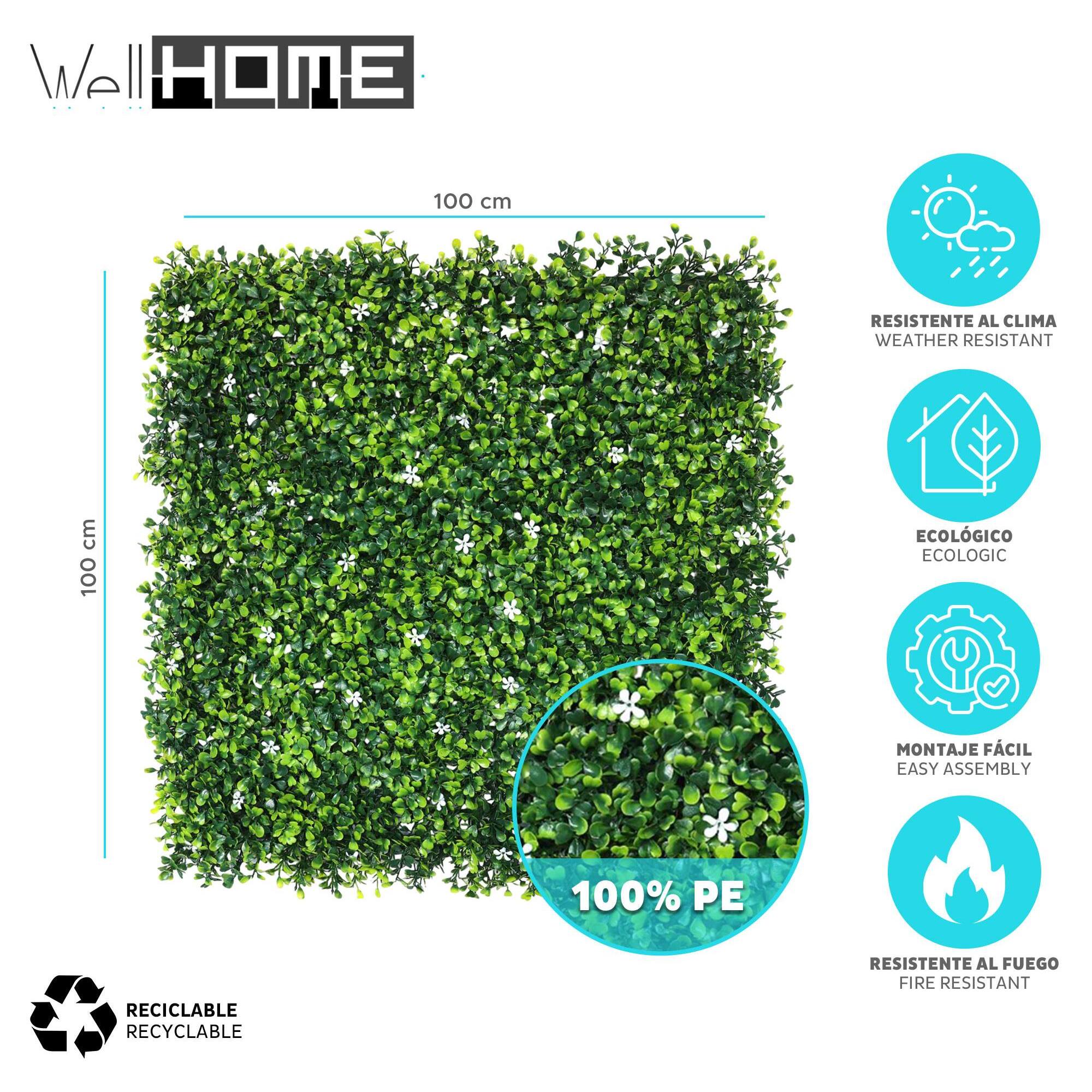 Well home jardín vertical artificial, panel de seto 100x100cm, para decoración interior y exterior - con hojas verdes y flores blancas