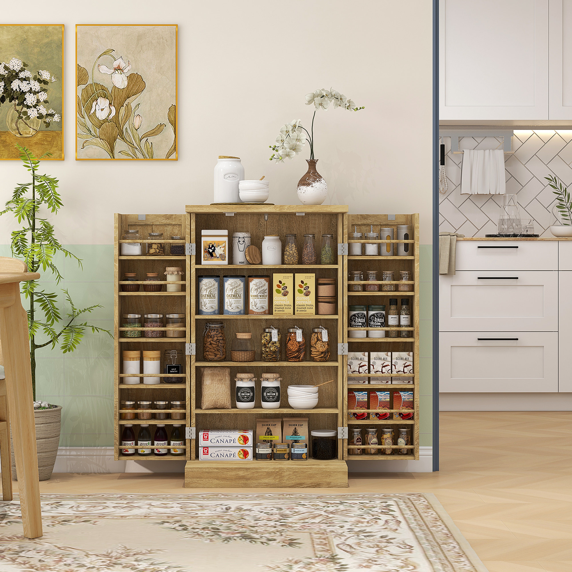 Armario de Cocina Armario Despensa Cocina con 2 Puertas de Ratán y 16 Estantes Alacena Moderna con Estantes Ajustables para Comedor Salón 60x30x104 cm Natural
