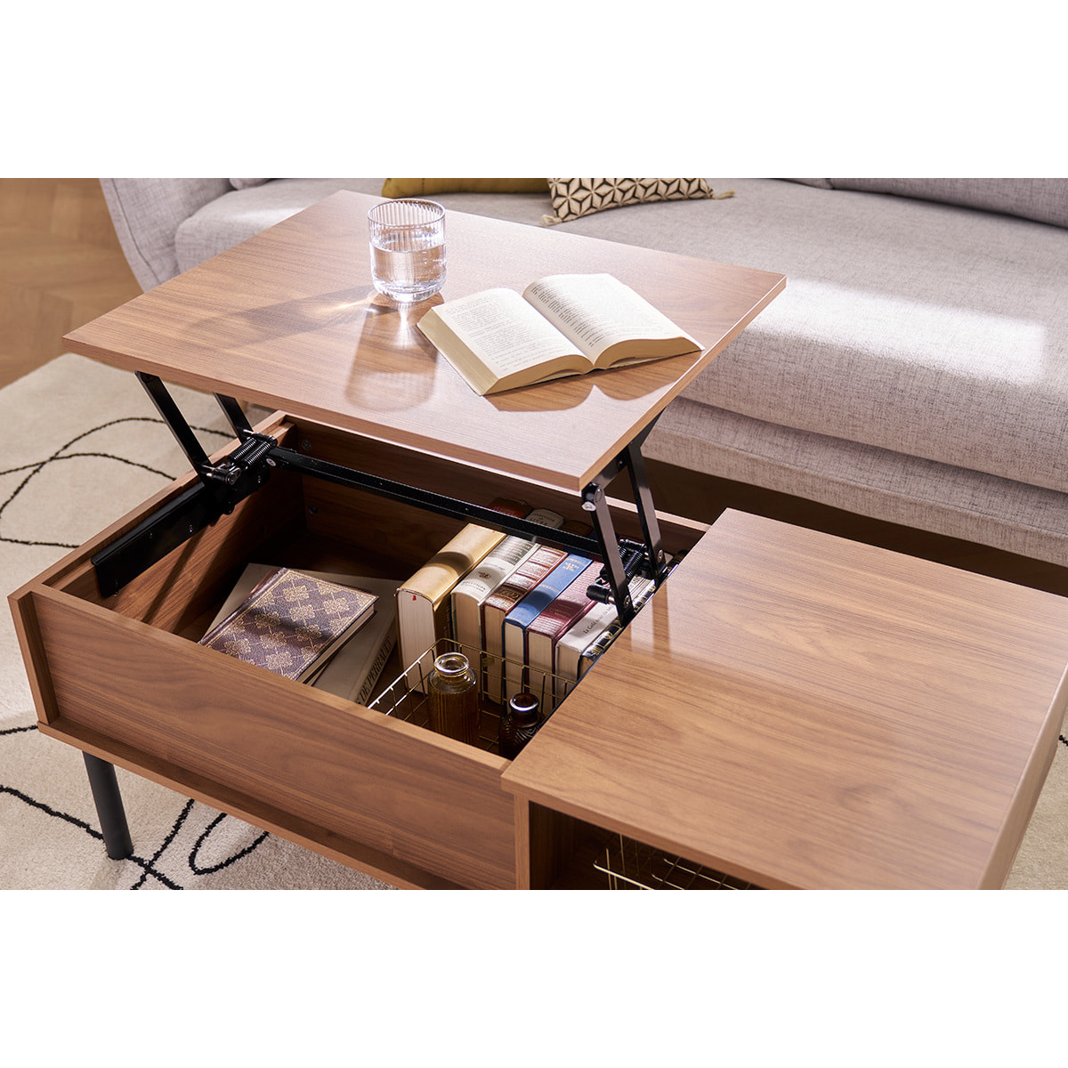 Table basse relevable rectangulaire bois foncé finition noyer et métal noir L100 cm KANE