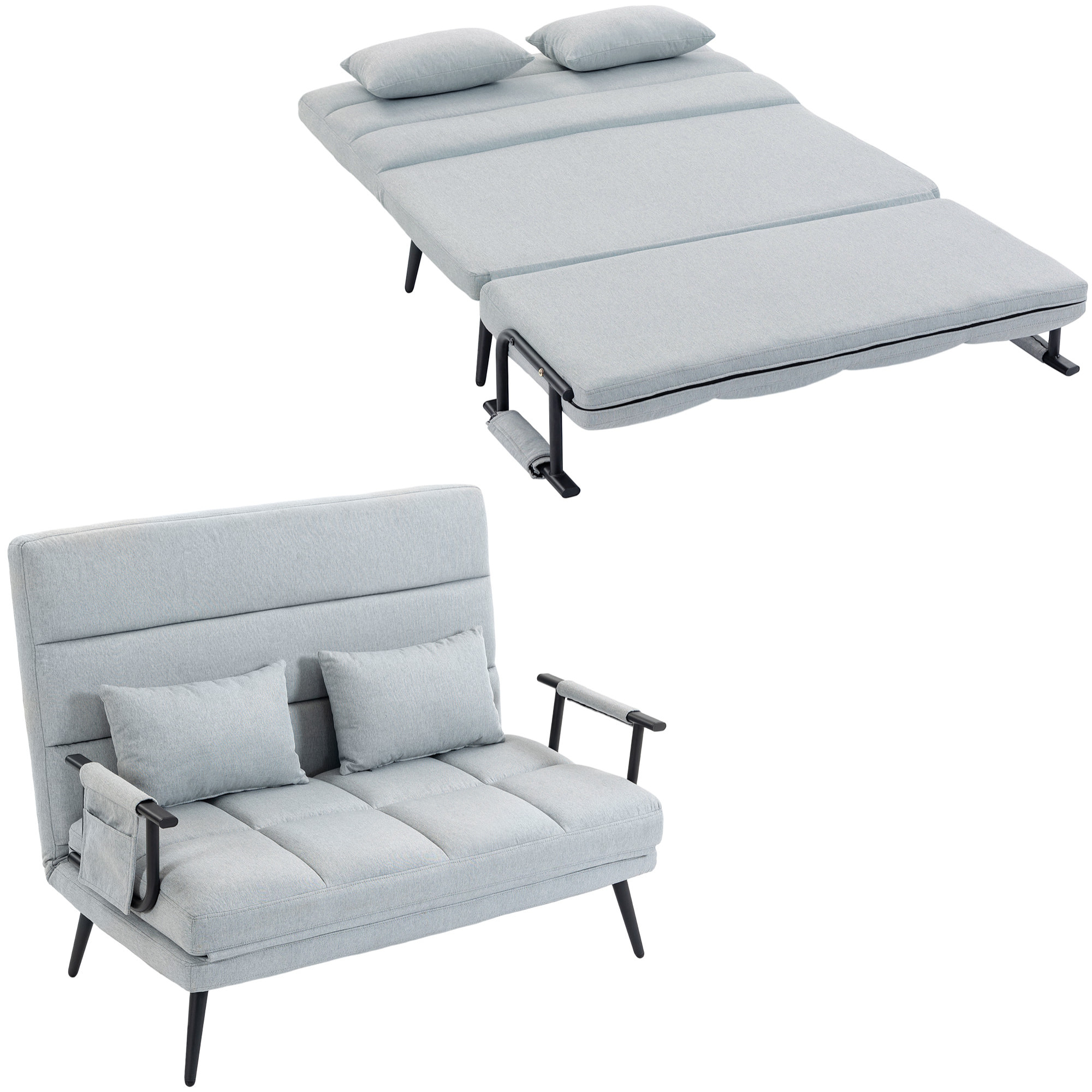 Sofá Cama 2 Plazas Convertible, 3 en 1, Sofá Cama Plegable, Tapizado en Lino, Respaldo Ajustable, 2 Almohadas con Funda Lavable, para Salón, Dormitorio, 127x73x95 cm, Gris Claro