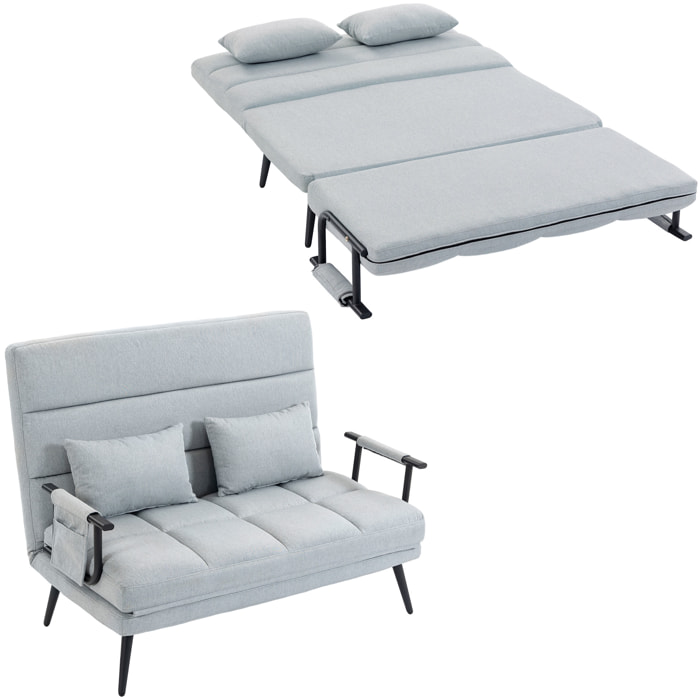 Sofá Cama 2 Plazas Convertible, 3 en 1, Sofá Cama Plegable, Tapizado en Lino, Respaldo Ajustable, 2 Almohadas con Funda Lavable, para Salón, Dormitorio, 127x73x95 cm, Gris Claro