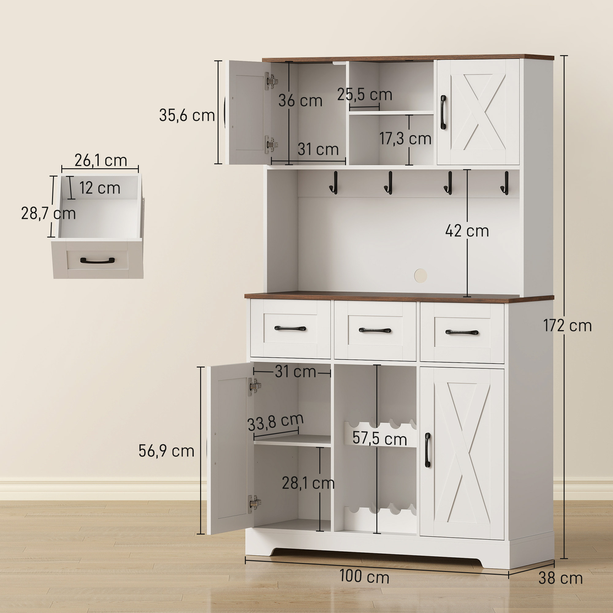 Alacena de Cocina Alta, Mueble Auxiliar de Cocina, Botellero para 8 Botellas, 4 Puertas, 3 Cajones, Estantes Abiertos, Encimera Amplio, 4 Ganchos, Orificio para Cables, Blanco, 100x38x172 cm
