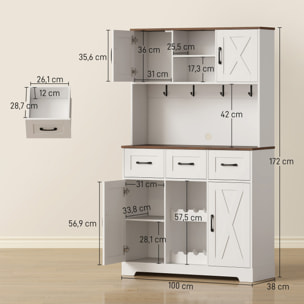 Alacena de Cocina Alta, Mueble Auxiliar de Cocina, Botellero para 8 Botellas, 4 Puertas, 3 Cajones, Estantes Abiertos, Encimera Amplio, 4 Ganchos, Orificio para Cables, Blanco, 100x38x172 cm
