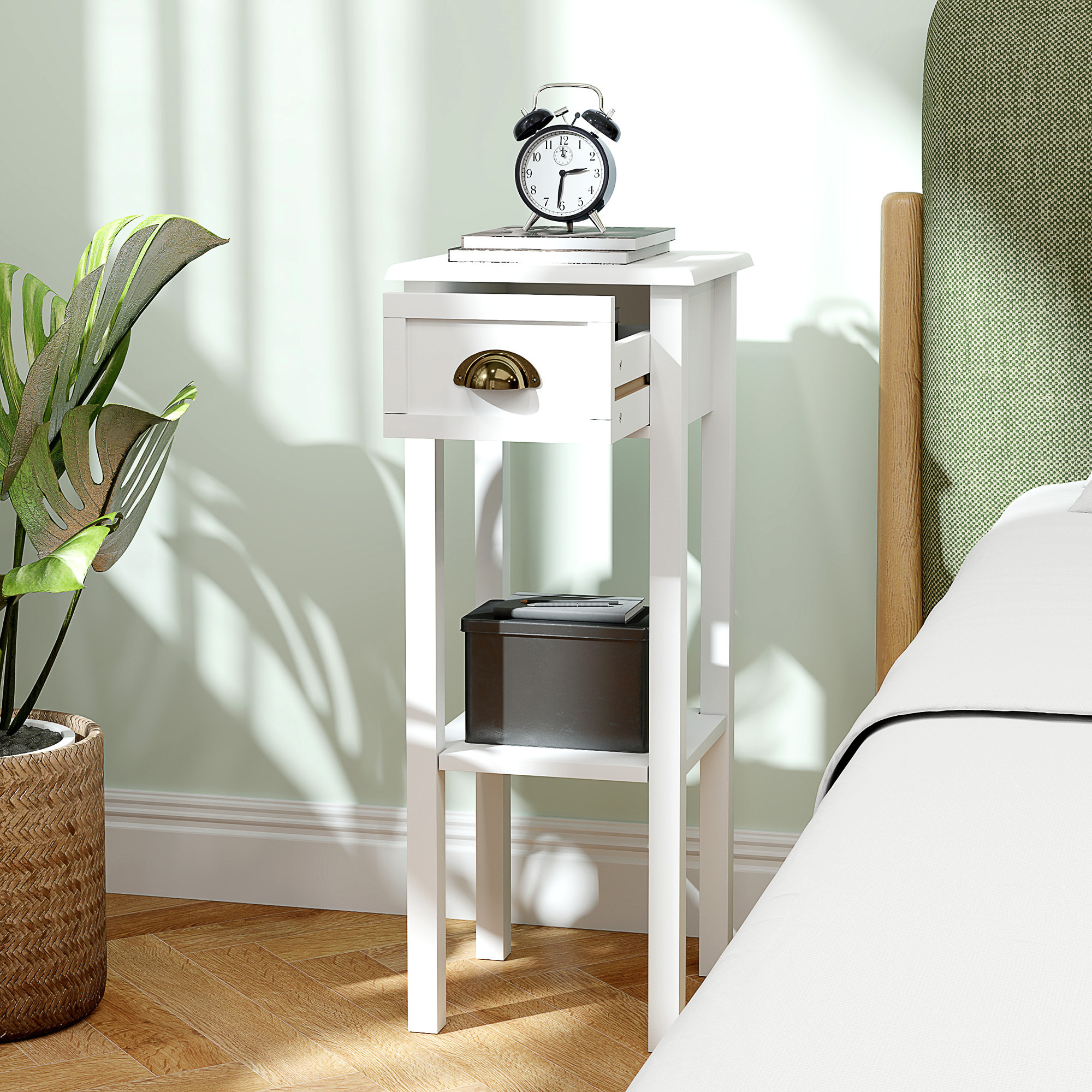 Juego de 2 Mesas Auxiliares Modernas, Mesas Auxiliares para Sofá, con Cajón y Estante, Mesitas de Noche para Salón, Dormitorio, 30x30x75 cm, Blanco