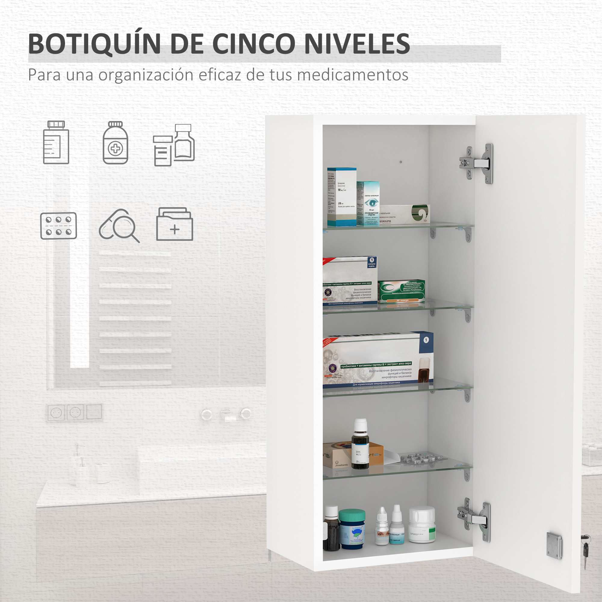 Botiquín de Pared de Primeros Auxilios, Botiquín de Medicinas de 5 Niveles con Estantes Ajustables de Vidrio, Cerradura y 2 Llaves, para Baño, Cocina, 30x20x70 cm, Blanco