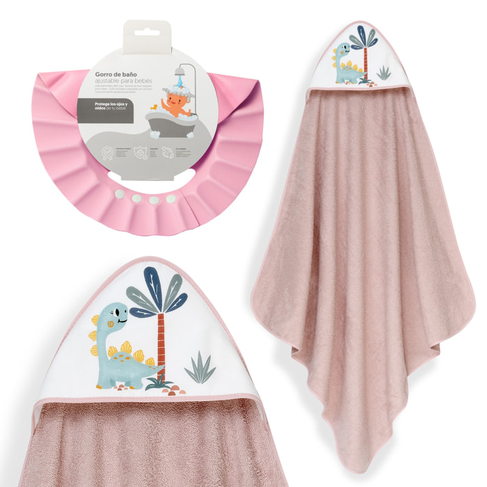 Capa Baño 1X1 Mod Estampado Dinosaurio Palmera+Gorro Rosa Maquillaje