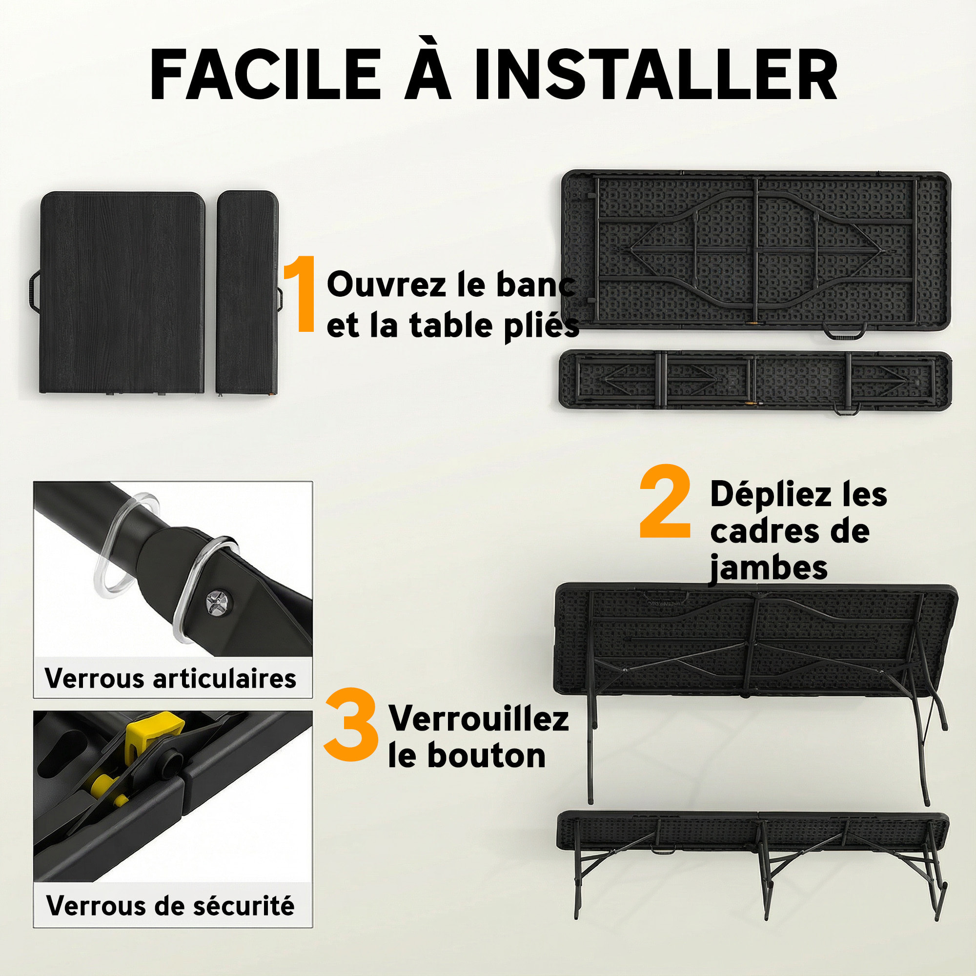 Ensemble table 2 bancs pliables avec poignées - usage pique-nique camping - métal époxy HDPE noir