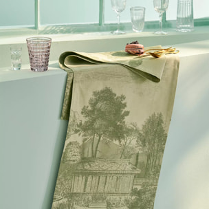 Chemin de table pur coton anti tache motif jacquard Jardin spirituel olive