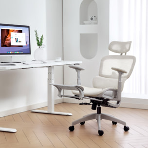 Silla de Oficina Ergonómica de Malla, Silla de Escritorio con Reposabrazos 3D, Reclinable a 135°, Reposacabezas Ajustable, Respaldo Alto, Soporte Lumbar, Reposapiés, Altura Ajustable, Beige