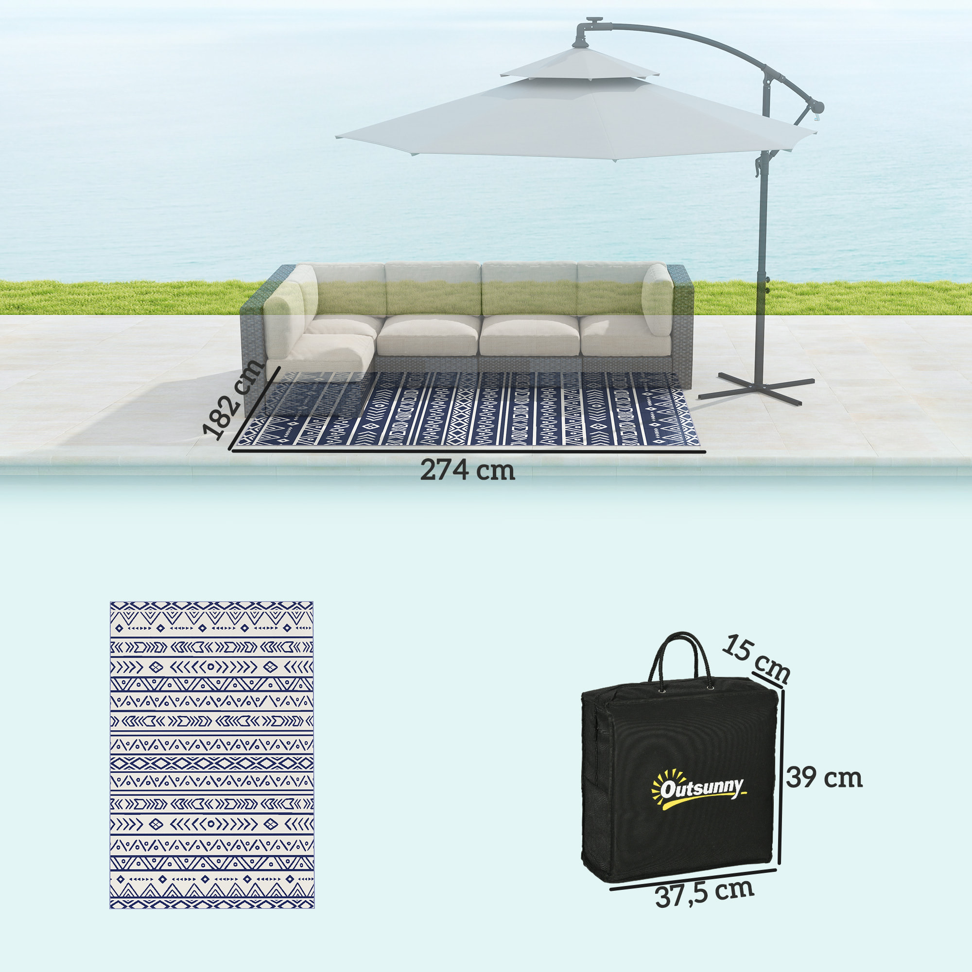 Alfombra de Exterior 182x274 cm Alfombra Reversible con Patrón de Geométrico Impermeable Bolsa de Transporte para Terraza Balcón Patio Camping Playa Azul