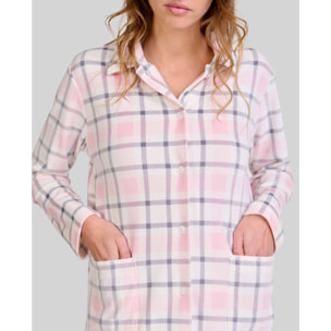 Pijama mujer suave tejido de cuadros, abotonado con bolsillos de plastón, manga larga y pantalón largo
