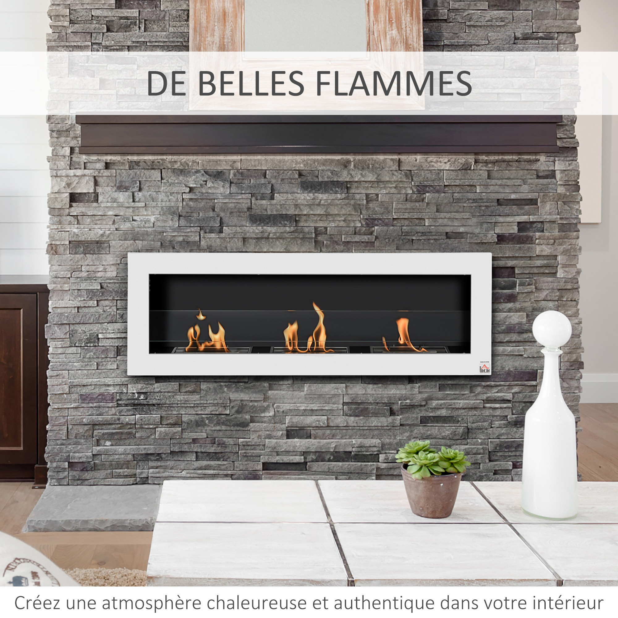 Cheminée bioéthanol murale design Bauhaus - triple brûleur 1 L - pare-feu verre trempé, kit fixation inclus - acier inox. acier dépoli blanc