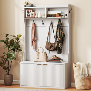 Perchero Zapatero, Perchero Recibidor con 2 Puertas, Estantes Abiertos, 6 Ganchos, para Pasillo, Dormitorio, Salón, Estilo Moderno, 100x38x172 cm, Blanco