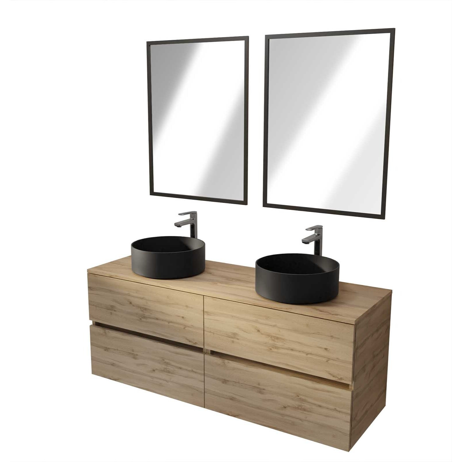 Meuble Salle de Bains 140 TIMBER Décor Chêne 4 Tiroirs - Vasques à Poser Noires - 2 Miroirs 60x80