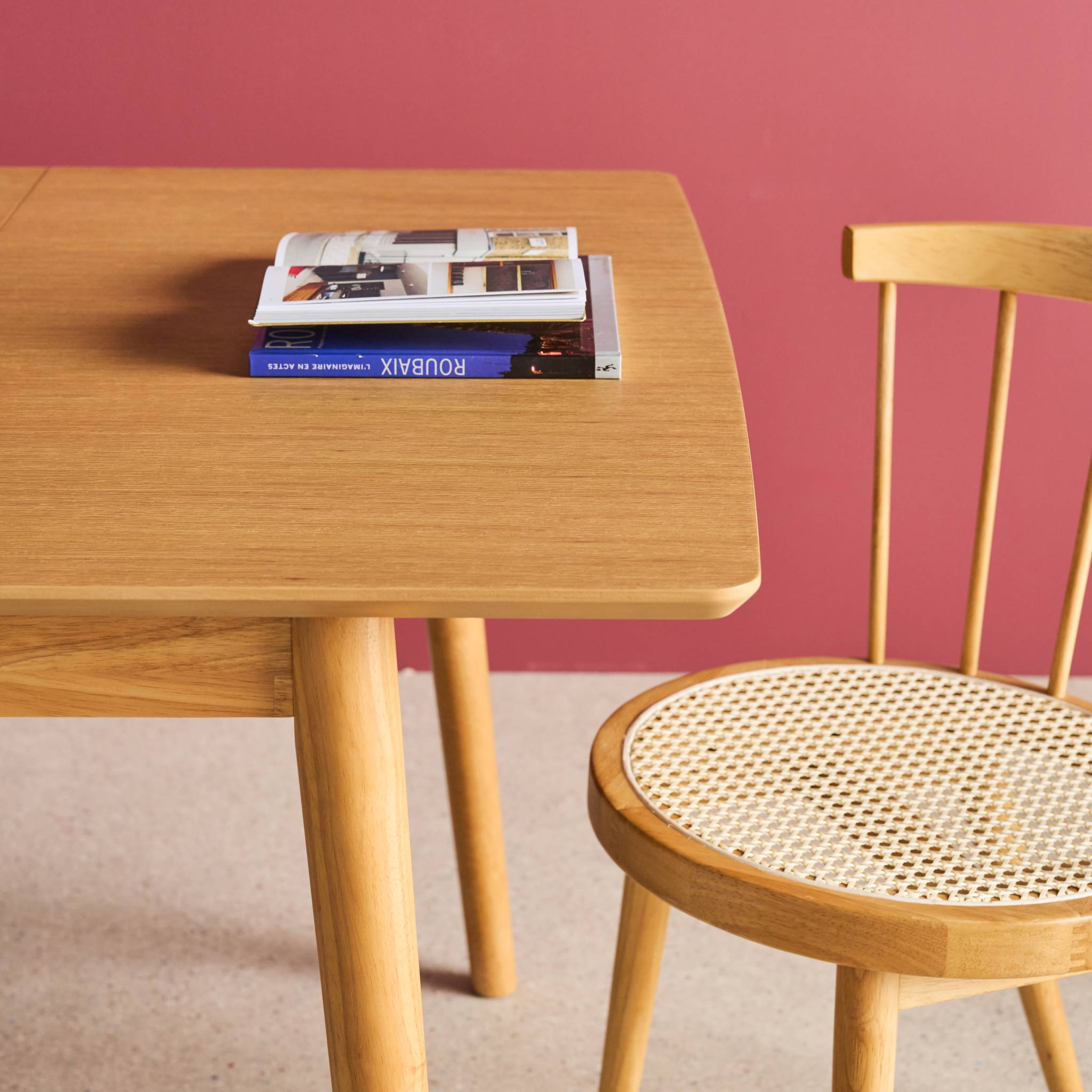 Table à manger rectangulaire extensible bois d'hévéa et placage chêne naturel 4-6 places - 110/140 x 100 x 75 cm - Lina