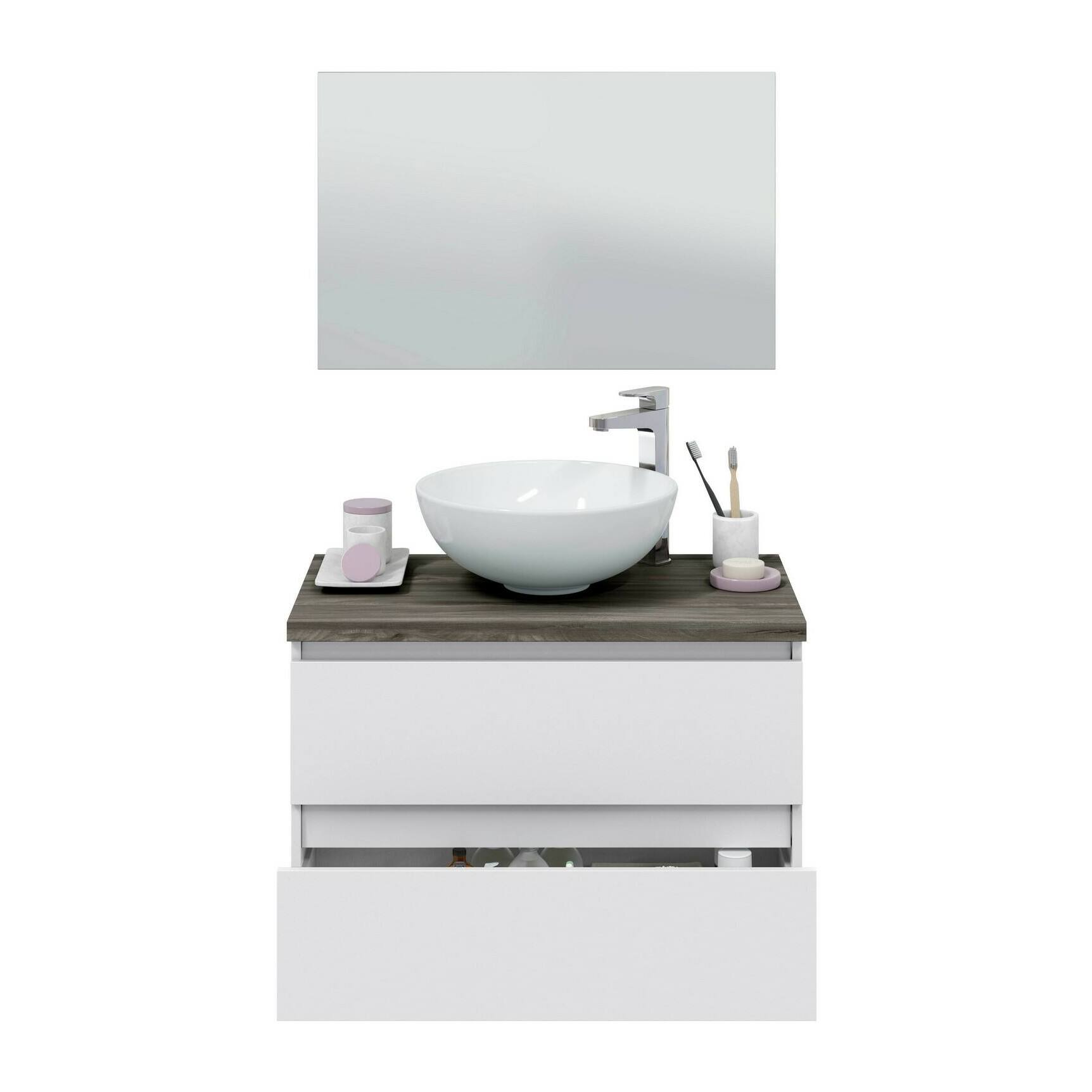 Mobile sottolavabo Alakdan, Mobiletto da bagno, Contenitore porta lavabo, Armadio per lavandino, 79x46 h53 cm, Bianco lucido e Olmo