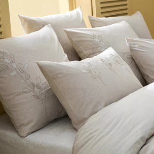 Taie d'oreiller pur coton lavé tissé teint brodé beige Monnaie du pape naturel