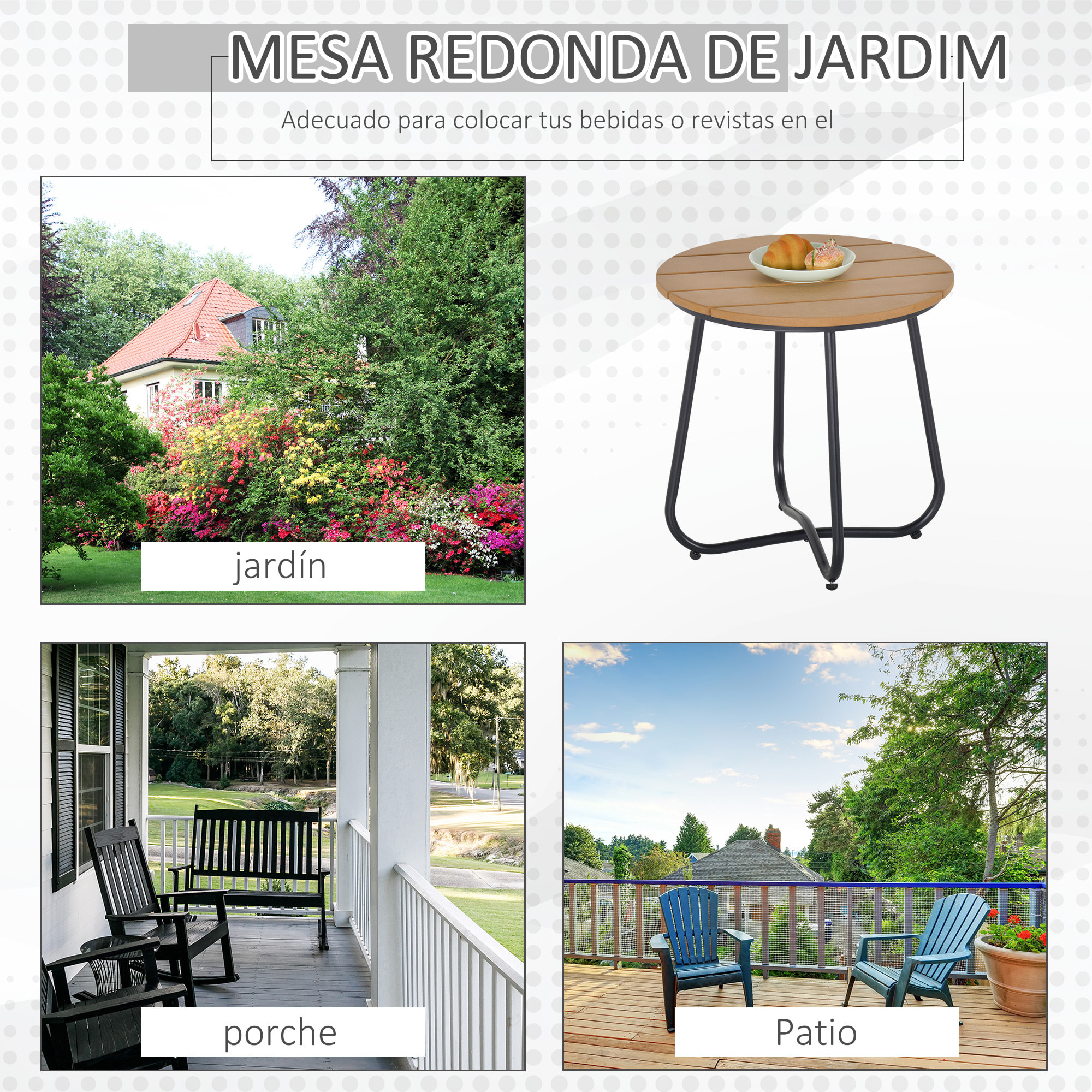 Mesa Auxiliar Redonda Mesa de Jardín Exterior con Diseño de Listones y Patas Ajustables Mesa para Exterior Terraza Patio Ø49x48 cm Natural y Negro