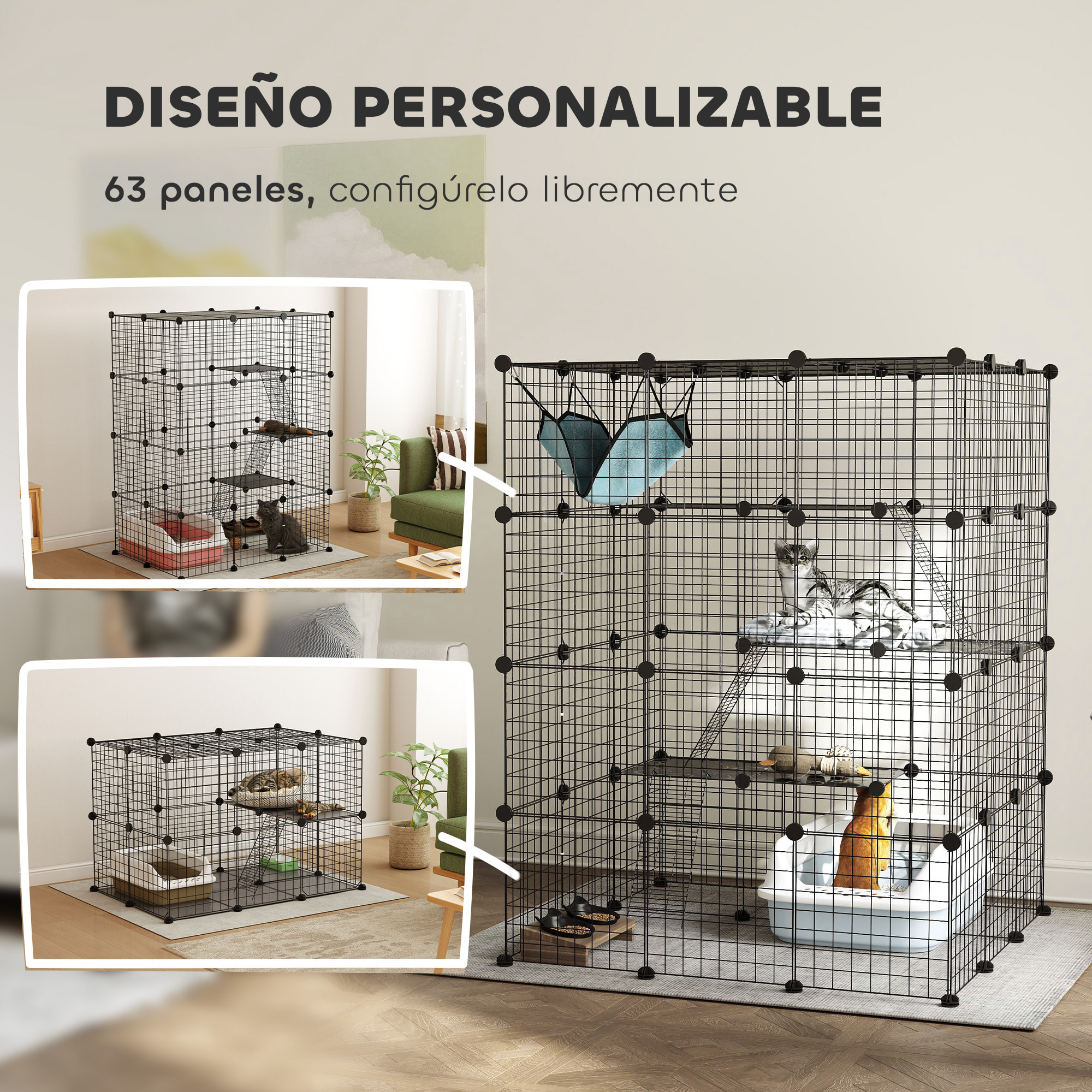 Jaula Grande para Gatos Interior, Recinto para Gatos de 4 Niveles con 5 Puertas, 3 Plataformas de Salto, 3 Rampas, Hamaca, Parque para Mascotas, 105x105x140 cm, Negro