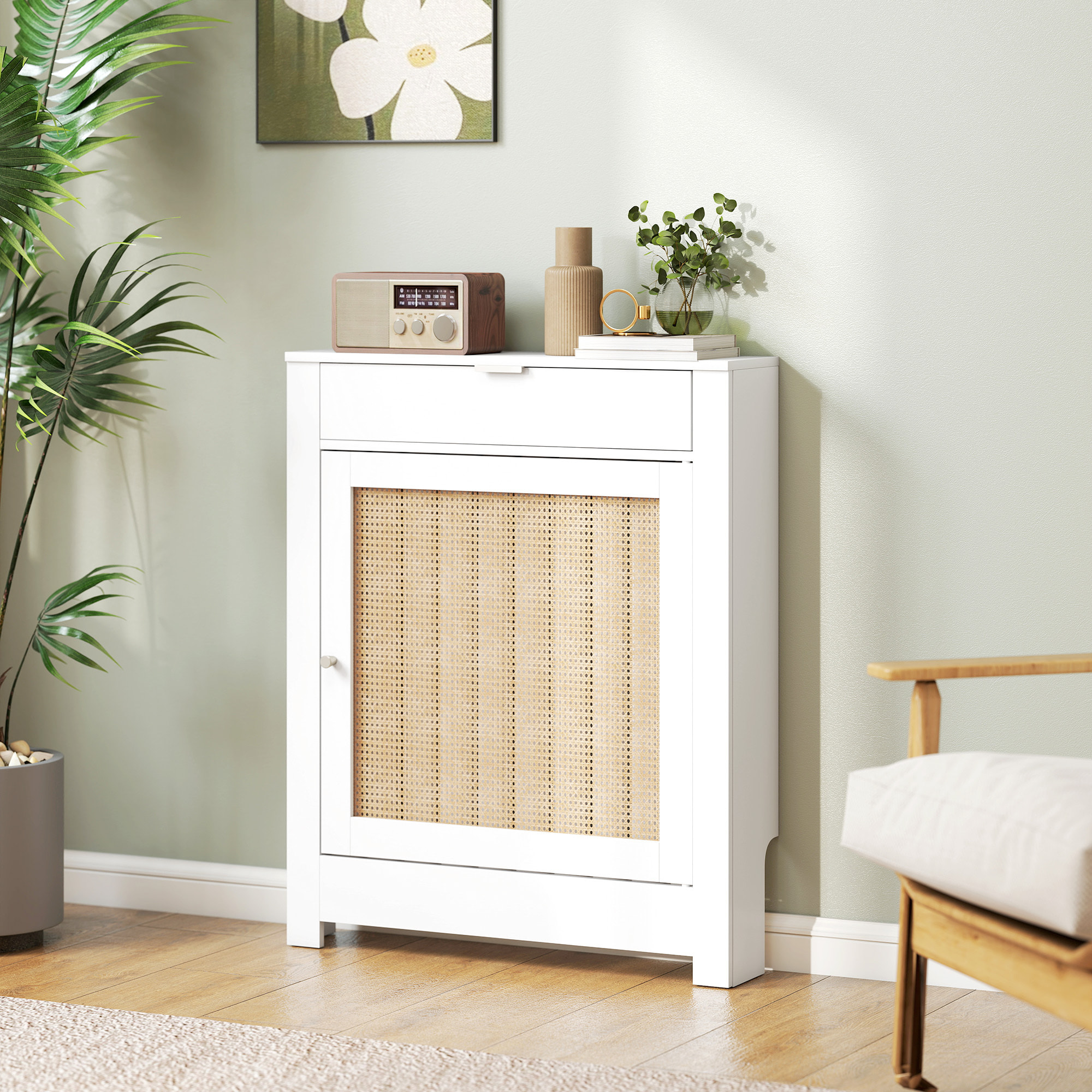 Cubre Radiadores con Puerta Abatible y Ratán, Cubreradiador de MDF, 78x19x95,5 cm, Cubierta para Radiador, Compartimento, Diseño Bohemio, para Salón, Dormitorio, Blanco