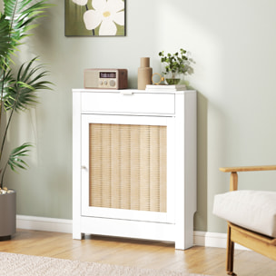 Cubre Radiadores con Puerta Abatible y Ratán, Cubreradiador de MDF, 78x19x95,5 cm, Cubierta para Radiador, Compartimento, Diseño Bohemio, para Salón, Dormitorio, Blanco