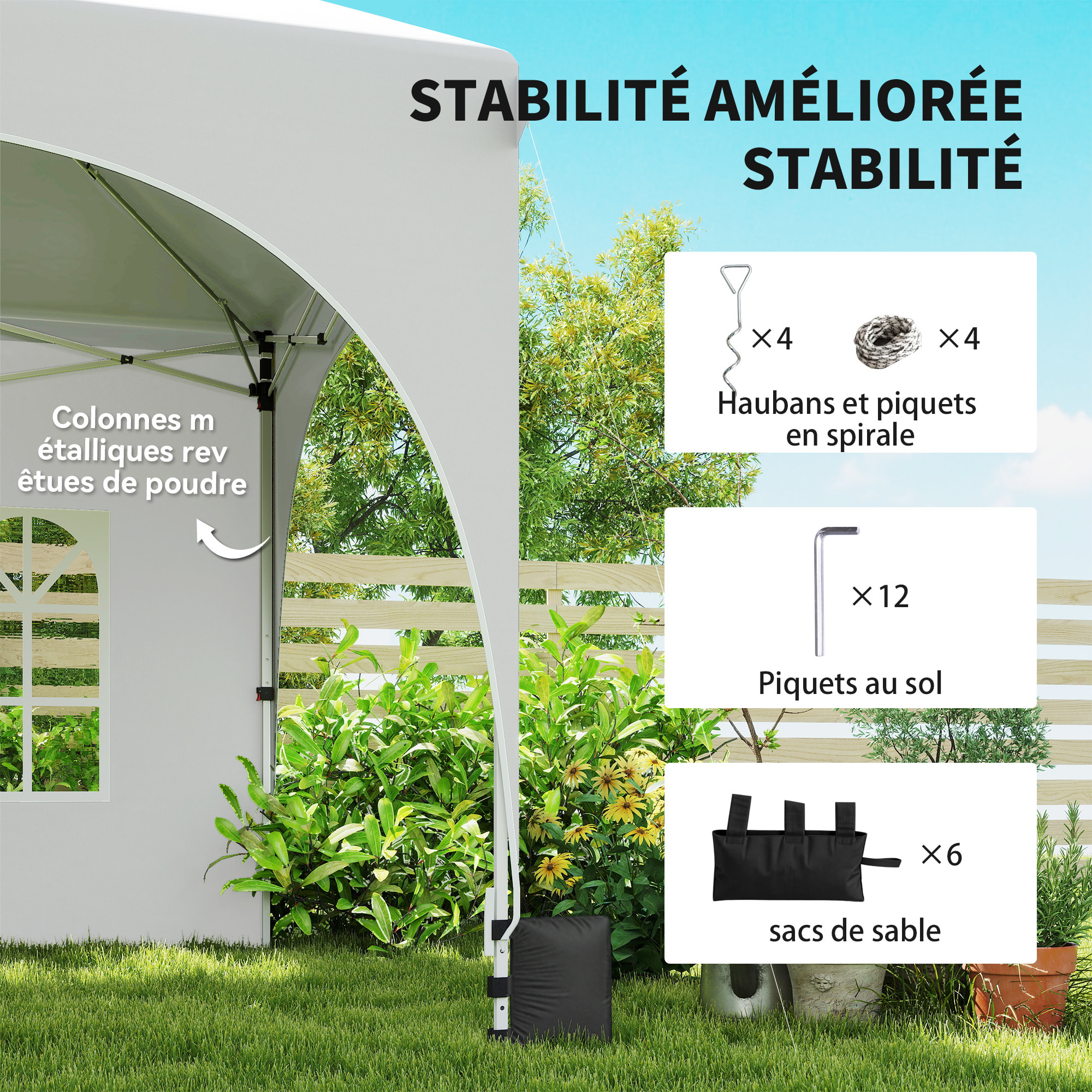 Tonnelle pliante 3x6m imperméable anti-UV, barnum avec 6 parois & 6 sacs de sable - tente de réception 12 trous de drainage - pavillon pop-up, 4 fenêtres église pour mariage, marché - blanc