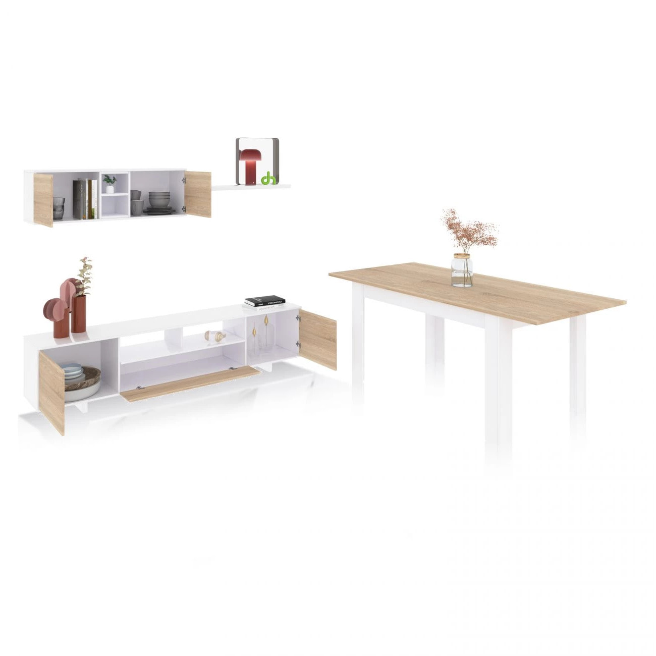 Pack salón con mesa de comedor Kenzo Plus VA Blanco Artik (Blanco Mate) - Roble Canadian