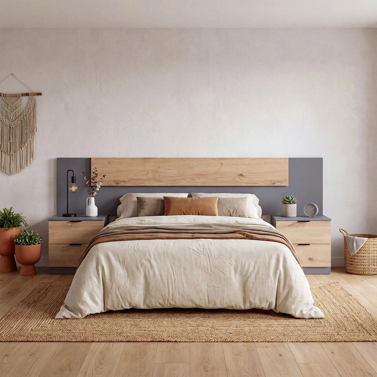 Cabecero para cama de 135-150 cm y 2 mesitas con cajones en gris grafito y apline oak Akari Gris Grafito - Alpine Oak