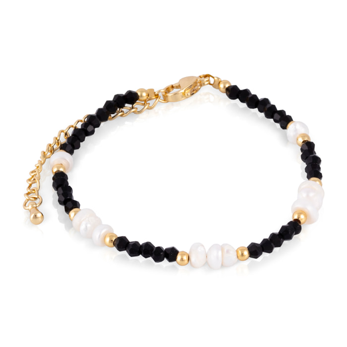 Pulsera de cristal de punta negra y perlas naturales con cierre de mosquetón.