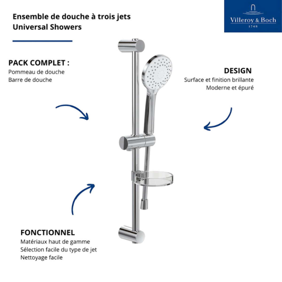 Ensemble de douche à trois jets Villeroy & Boch Universal Chrome