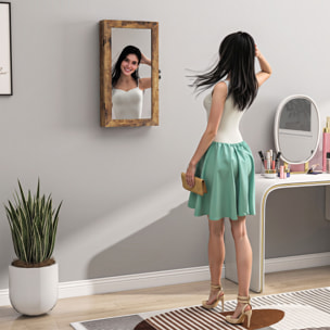 Espejo Joyero de Pared Armario para Joyas con Cerradura y Varios Compartimentos Montar en Pared o Puerta para Pendiente Collar Anillo Pulsera Regalo Marrón Rústico y Forro Negro