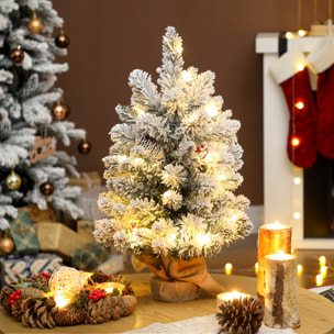 Árbol de Navidad con 35 Luces LED, 60 cm, Mini Árbol de Navidad Artificial con 72 Ramas Densas con Nieve, Piñas, Bayas y Base de Arpillera, Decoración Navideña de Mesa para Casa, Oficina, Verde