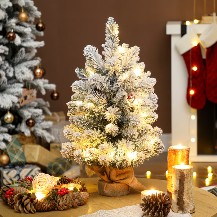 Árbol de Navidad con 35 Luces LED, 60 cm, Mini Árbol de Navidad Artificial con 72 Ramas Densas con Nieve, Piñas, Bayas y Base de Arpillera, Decoración Navideña de Mesa para Casa, Oficina, Verde