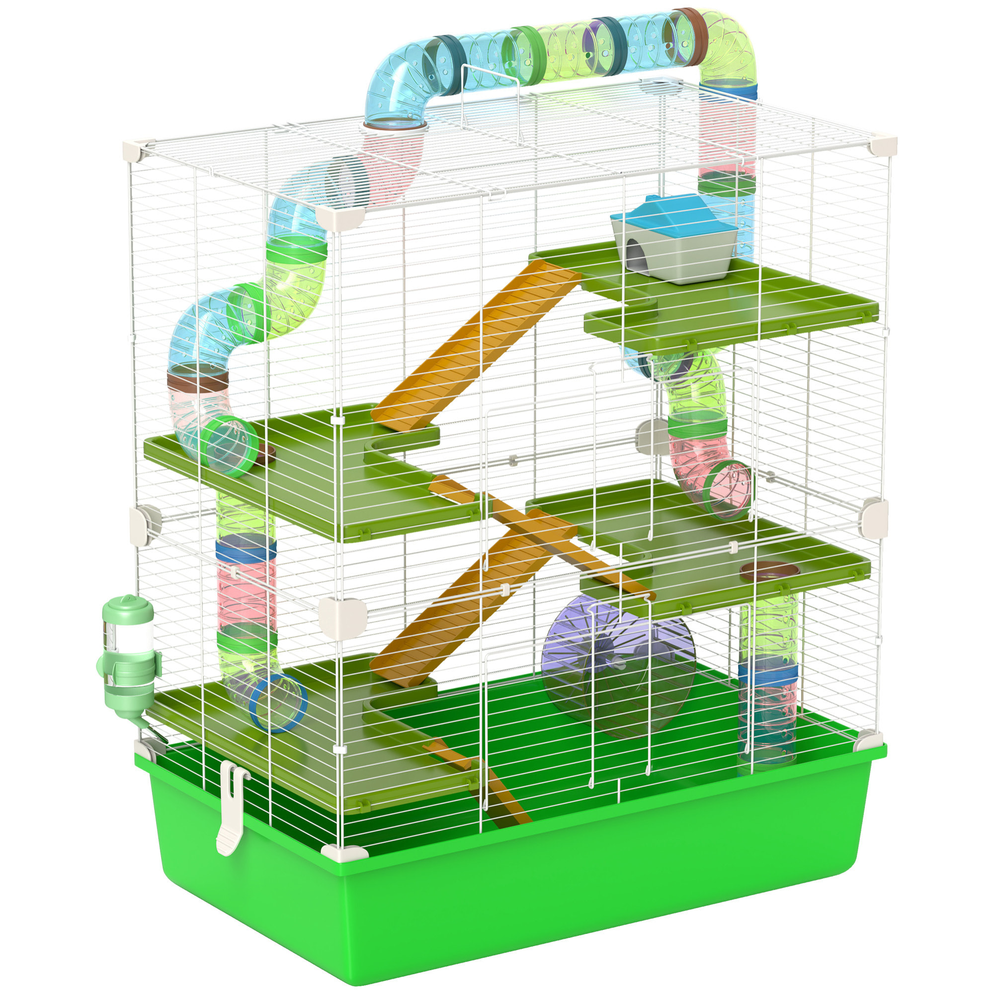 Grande cage à hamsters 5 niveaux - tunnels, abreuvoir, roue, maisonnette, échelles - dim. 59L x 36l x 69H cm - métal PP vert