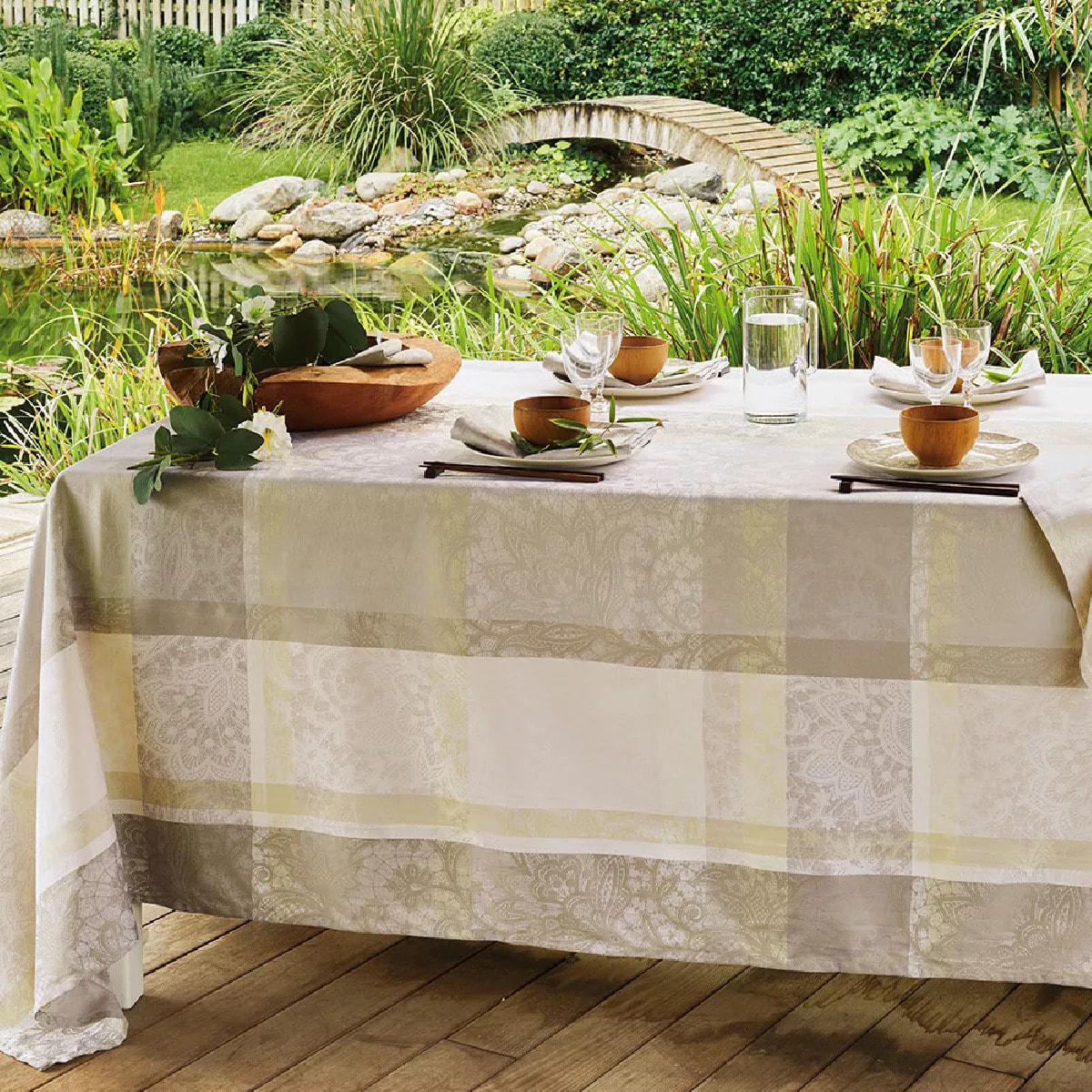 Nappe pur coton motif jacquard beige Mille dentelles naturel