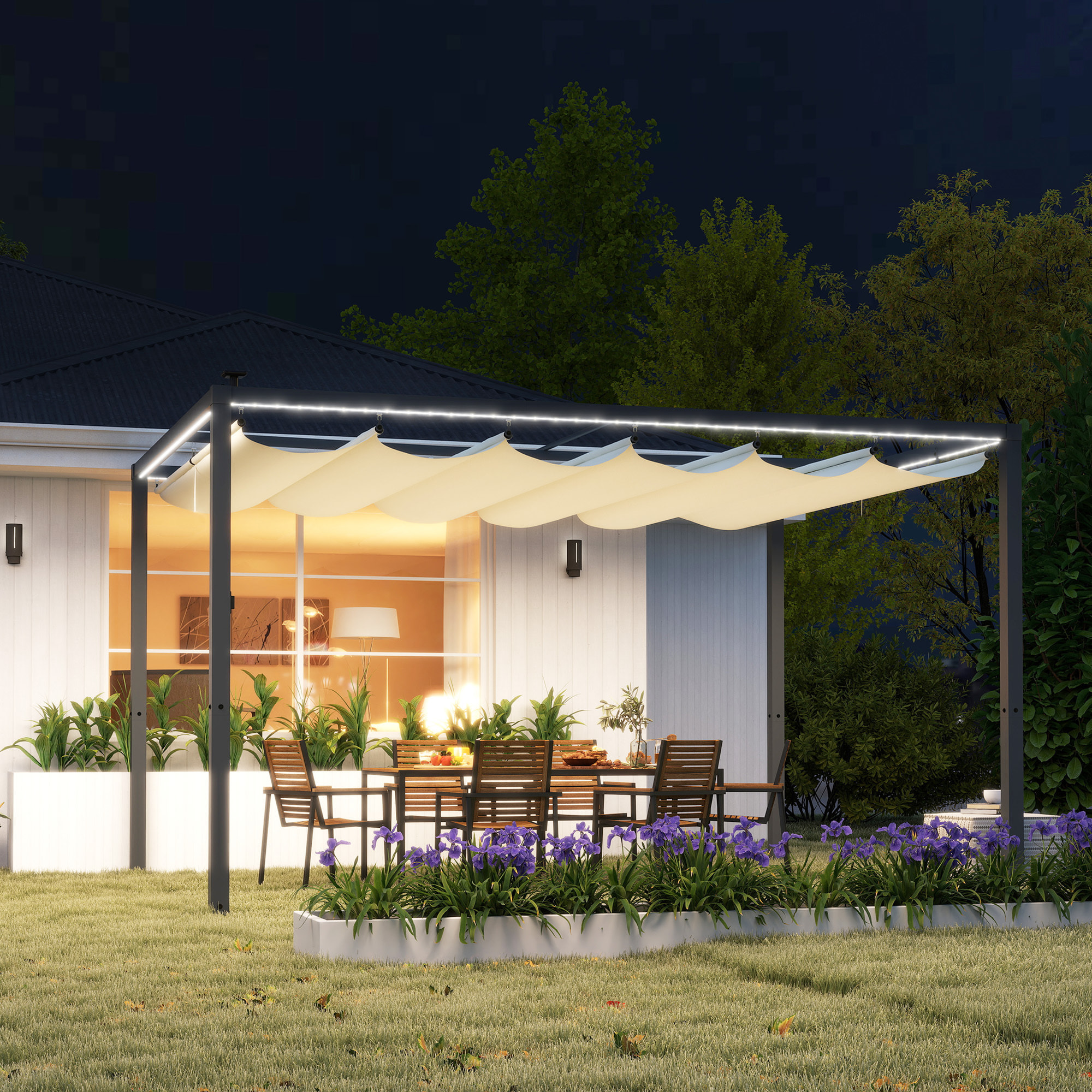Pérgola de Aluminio con Luces LED 4x3 m Cenador de Jardín Gazebo con Solares Techo Retráctil Impermeable Anti-UV Pabellón para Patio Terraza Crema y Gris