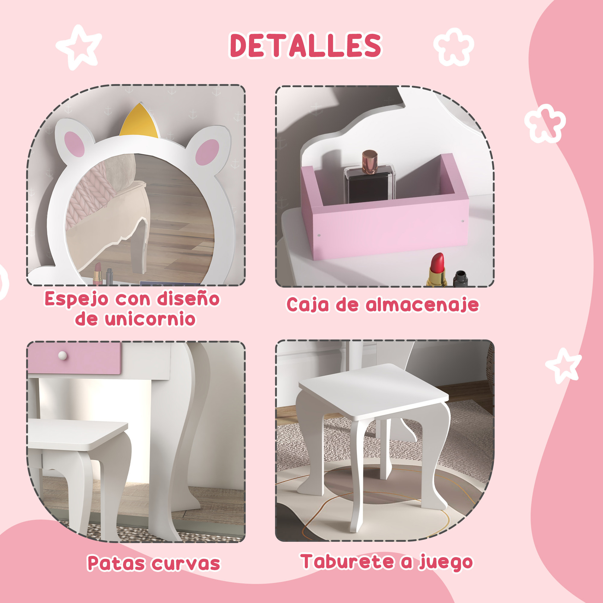 Tocador Infantil con Taburete y Espejo, Tocador para Niñas con Cajón, Compartimentos, Diseño de Unicornio, Mesa de Maquillaje para Niños y Niñas de 3-6 Años, Blanco