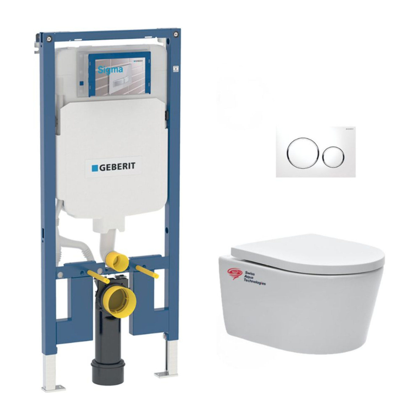 Pack WC bati-support Geberit + WC Swiss Aqua Technologies sans bride + abattant + Plaque (SLIMSATCSP