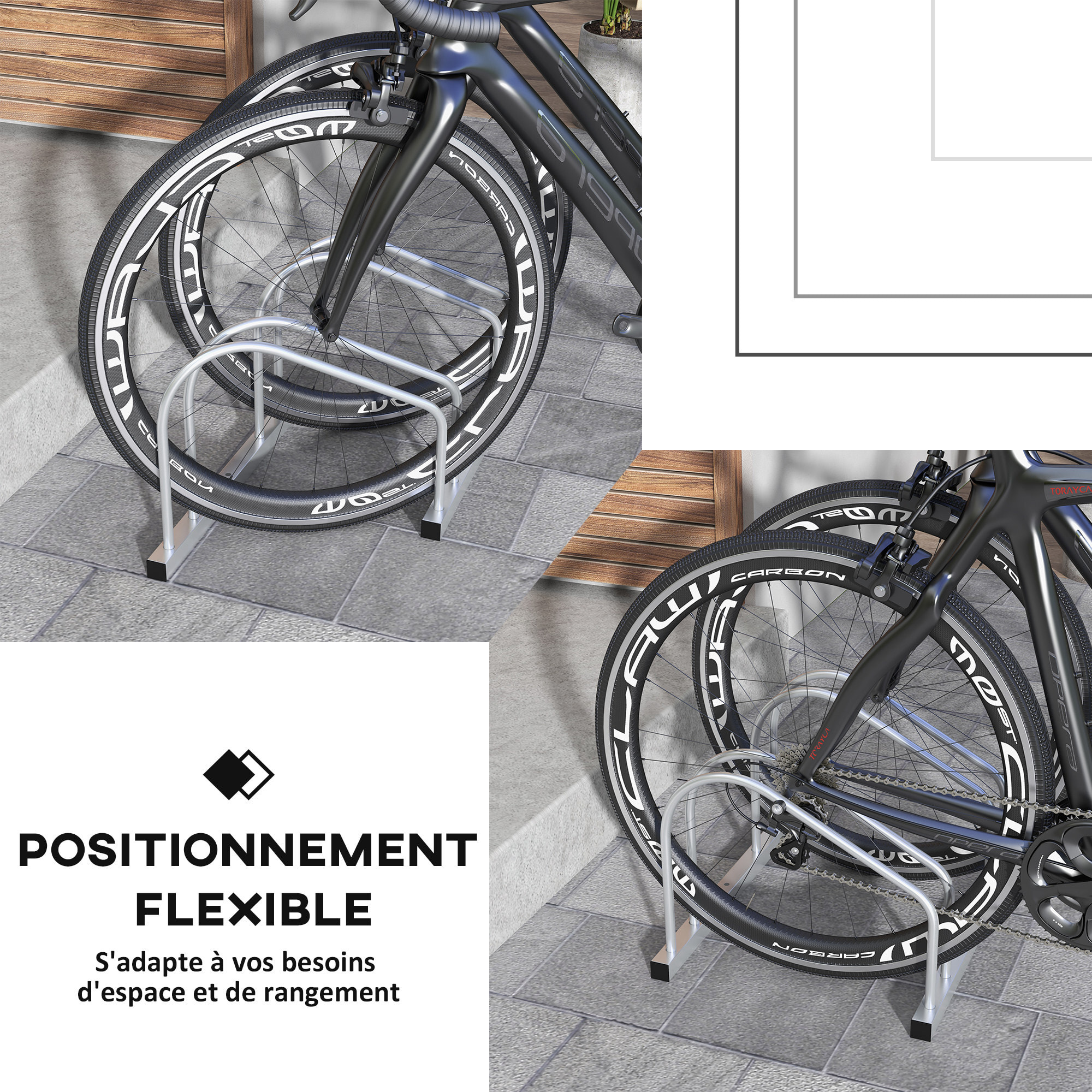 Râtelier 2 vélos range-vélos support rangement vélo à pneu 61 mm dim. 50L x 34l x 27,5H cm acier argenté