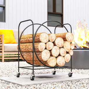 Estante de Leña de Metal con Ruedas, 51x30x60 cm, Leñero Exterior e Interior, Soporte para Leña de Chimenea, Almacenamiento para Madera, Negro