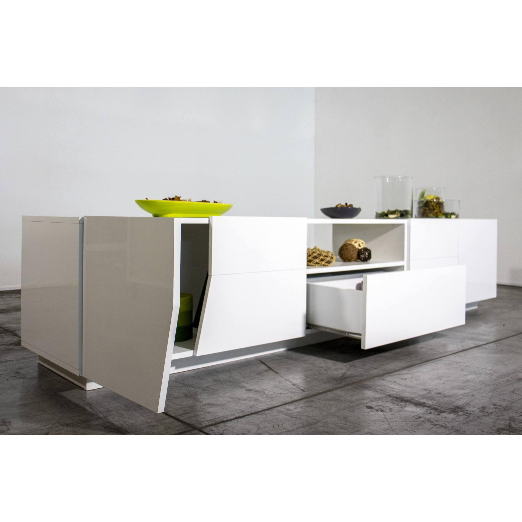 Mobile da soggiorno Porta TV, Made in Italy, Supporto per TV da salotto a 4 ante geometriche e 1 cassetto, Cm 220x43h46, Bianco lucido