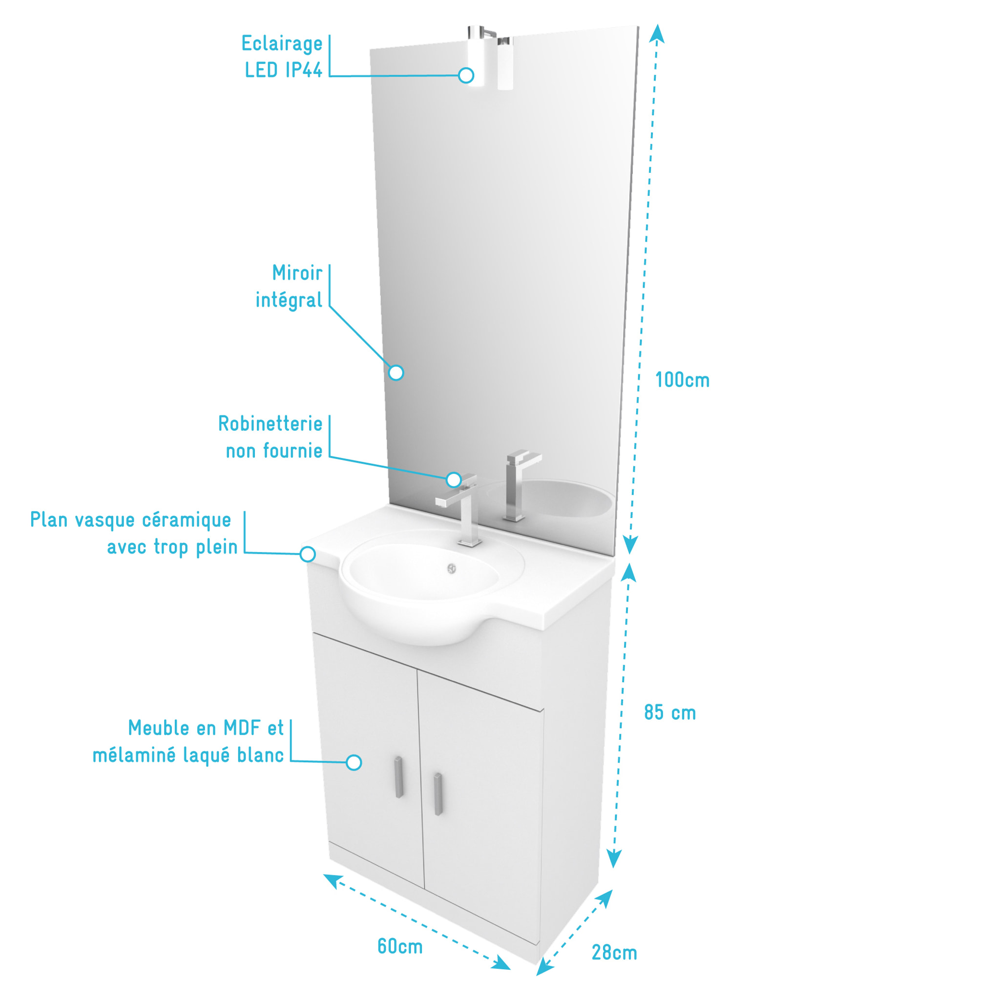 Meuble salle de bain blanc 60 cm sur pied + vasque ceramique blanche + miroir applique led